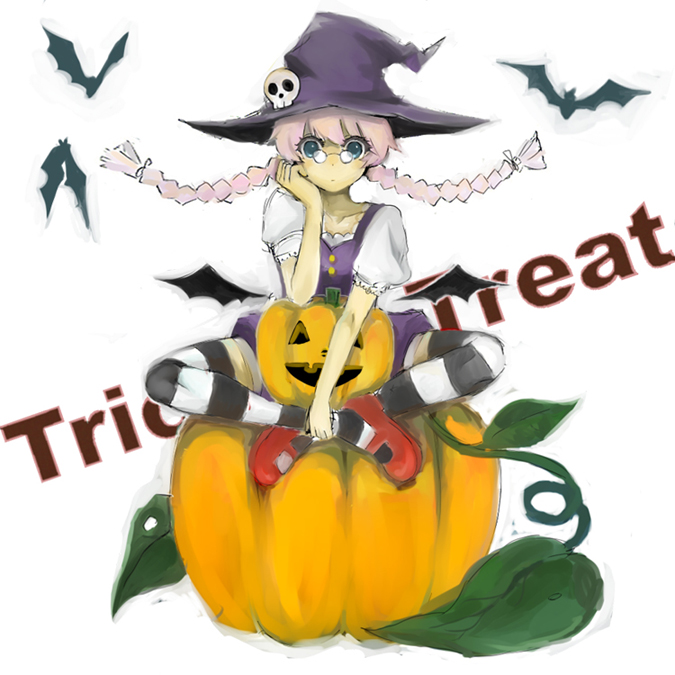 01 0219, original, bad id, bad pixiv id, 1girl, bat (animal), braid, female focus, glasses, halloween, hat, jack-o'-lantern, pink hair, pumpkin, skull, solo, striped clothes, striped thighhighs, thighhighs, trick or treat, twin braids, white background, witch hat