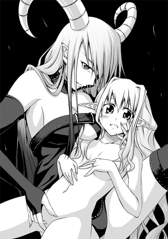 hybrid-rainbow, ihara natsume, original, 2girls, bare shoulders, collar, demon girl, detached sleeves, elbow gloves, fingering, gloves, greyscale, horns, long hair, monochrome, multiple girls, nude, panties, pointy ears, thighhighs, underwear, yuri