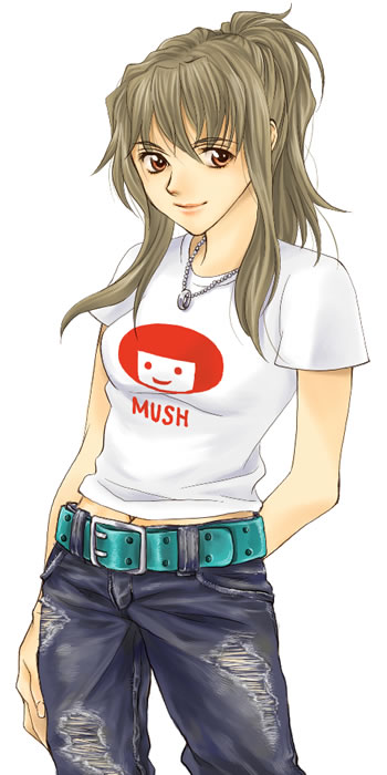 mico3, fujino shizuru, my-hime, 00s, 1girl, belt, brown hair, casual, clothes writing, contemporary, cowboy shot, denim, female focus, jeans, jewelry, necklace, pants, ponytail, ring, shirt, solo, t-shirt