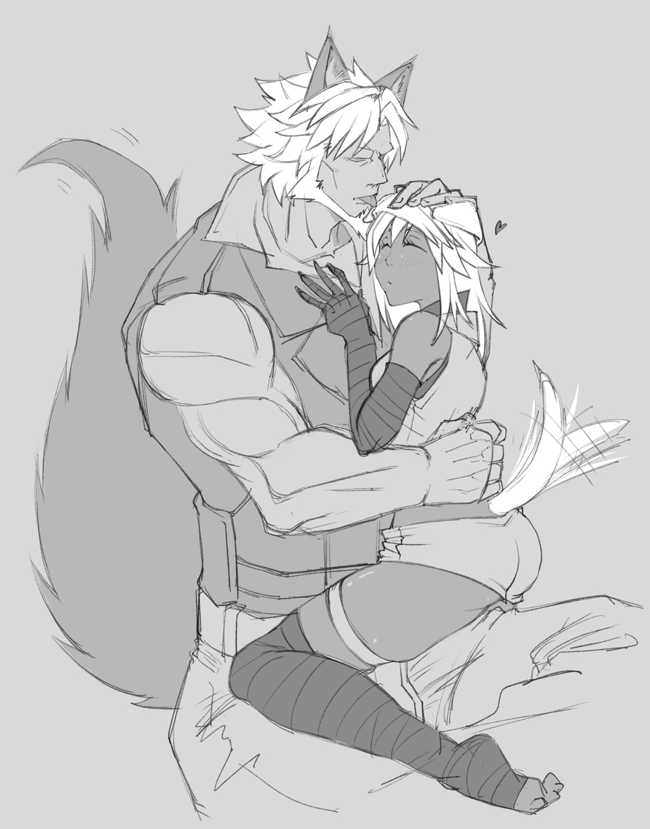 tbk, leo whitefang, ramlethal valentine, guilty gear, guilty gear strive, animal ears, ass, beard, closed eyes, dark-skinned female, dark skin, dog ears, dog girl, facial hair, feet, heart, leg wrap, licking, medium hair, monochrome, muscular, muscular male, short hair, tail, tail wagging, thighs, wolf boy, wolf ears