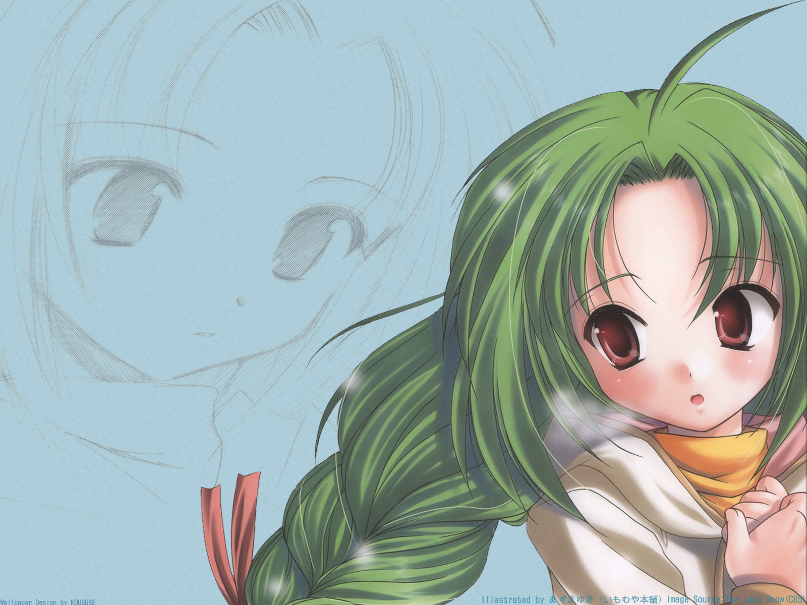 azuma yuki, hiyorigawa asahi, snow (game), highres, 1girl, blush, coat, dot nose, female focus, green hair, long hair, long sleeves, open mouth, solo
