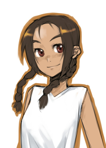 oguchi, asahina arumi, abenobashi mahou shoutengai, eyebrows, lowres, 00s, 1girl, black hair, braid, brown eyes, closed mouth, female focus, long hair, looking at viewer, shirt, side braid, simple background, sleeveless, smile, solo, twin braids, upper body, white background, white shirt