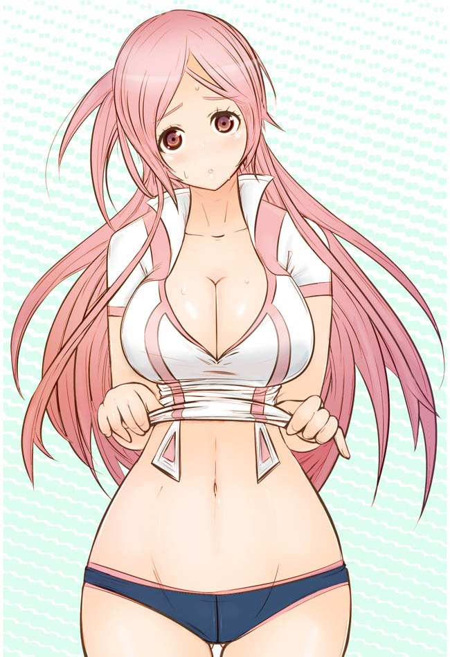passione222, toa (dragonaut), dragonaut, bad id, bad pixiv id, 00s, 1girl, :o, breasts, cleavage, clothes lift, curvy, female focus, hip focus, huge breasts, large breasts, long hair, midriff, nervous, pink hair, shirt lift, solo, sweat, wide hips