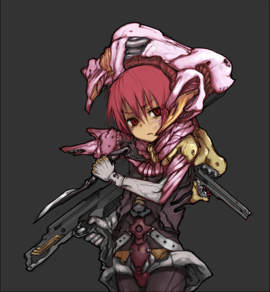 oguchi, 1girl, androgynous, assault rifle, belt, black background, black bodysuit, bodysuit, cowboy shot, elbow gloves, female focus, gloves, gun, holding, holding weapon, looking at viewer, red eyes, red hair, rifle, short hair, simple background, skin tight, solo, standing, weapon, white gloves