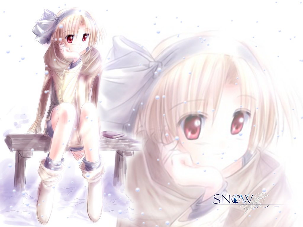 tachibana meiko, snow (game), 1girl, bench, blonde hair, book, boots, female focus, hairband, head rest, red eyes, scarf, short hair, sitting, snow, solo, zoom layer