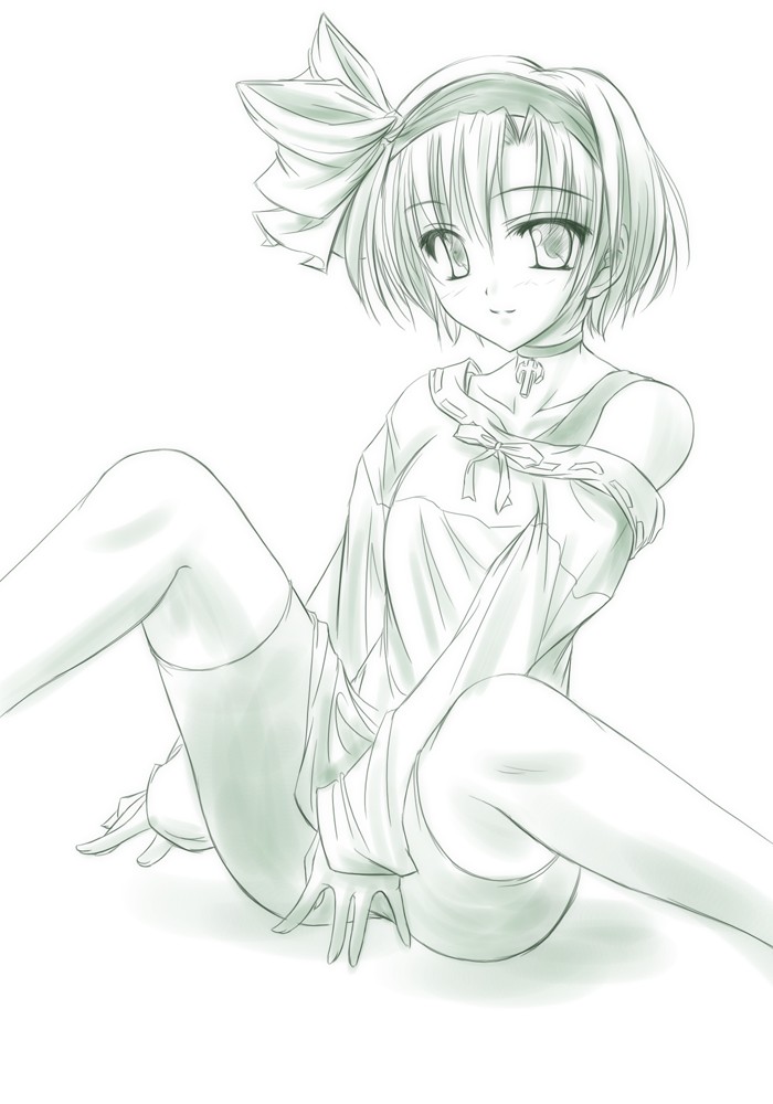 tenmaso, tachibana meiko, snow (game), 1girl, bike shorts, bow, choker, cross, female focus, green theme, hair bow, hair ribbon, monochrome, ribbon, shorts, smile, solo