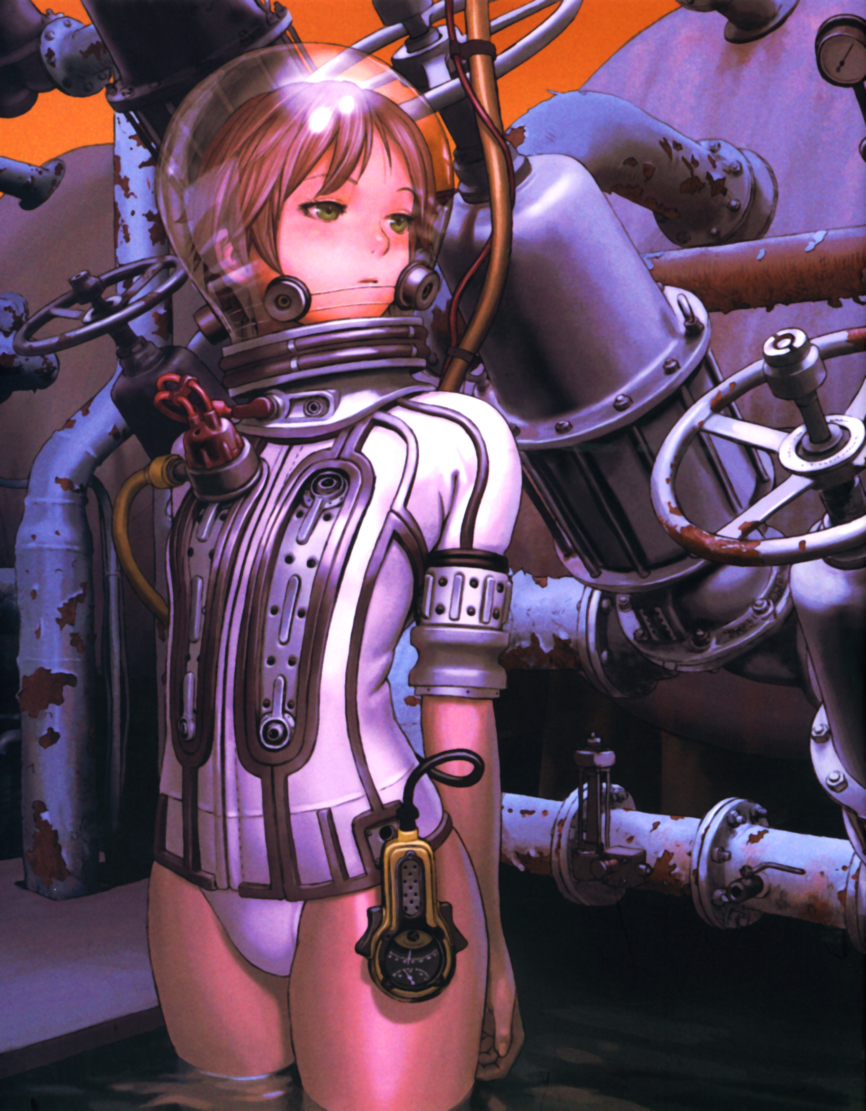 murata range, absurdres, highres, 1girl, breasts, brown hair, cowboy shot, female focus, green eyes, industrial pipe, radio, small breasts, solo, water