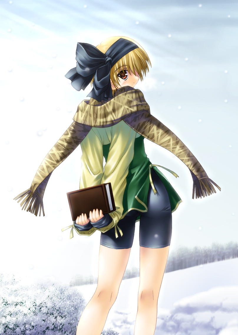 tachibana meiko, snow (game), bike shorts, blonde hair, book, from behind, hairband, looking back, red eyes, scarf, short hair, snow, solo, standing