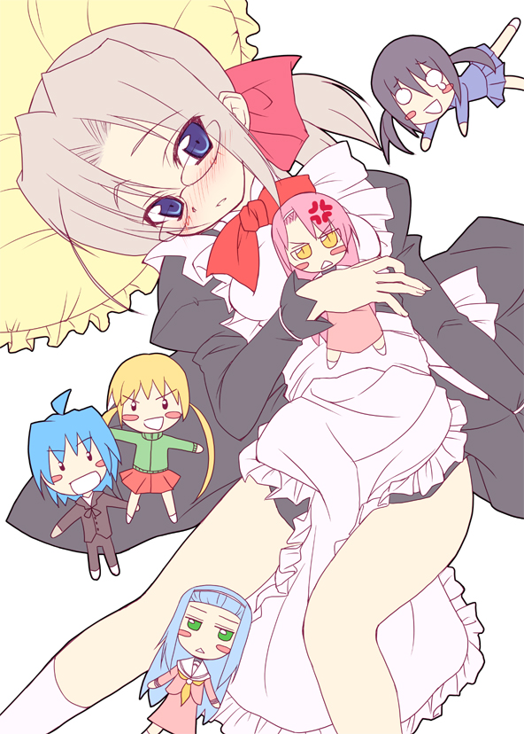 kisairo kaede, ayasaki hayate, hanabishi miki, harukaze chiharu, katsura hinagiku, nishizawa ayumu, sanzen'in nagi, hayate no gotoku!, 00s, 1boy, 5girls, chibi, glasses, maid, multiple girls