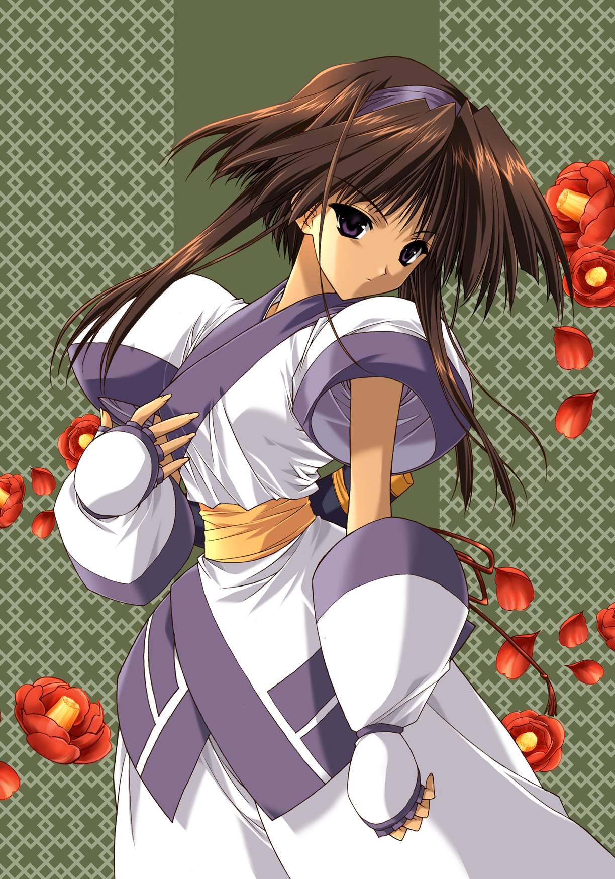 suzuhira hiro, nakoruru, rera, samurai spirits, highres, 1girl, baggy pants, brown hair, camellia, cowboy shot, expressionless, female focus, fingerless gloves, flower, gloves, hairband, narrow waist, pants, purple eyes, short hair with long locks, solo, tsurime