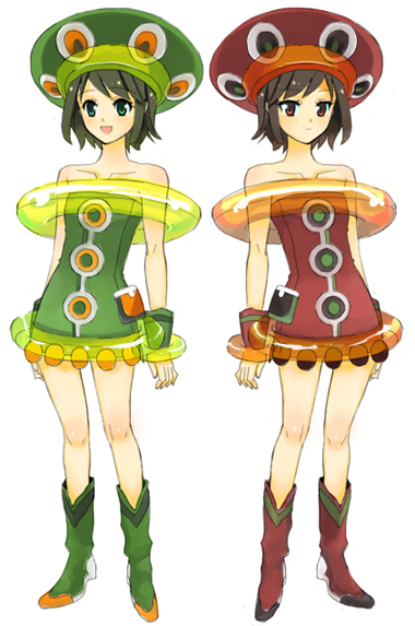 01 0219, kochi (trickster), pachi (trickster), original, trickster (ntreev soft), bad id, bad pixiv id, 10s, bare shoulders, black hair, boots, dress, green eyes, hat, innertube, red eyes, siblings, simple background, standing, swim ring, symmetry, twins