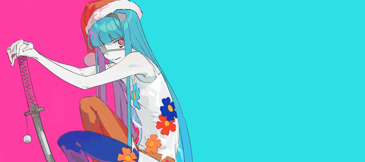 pako (pakosun), zonko (occultic;nine), occultic;nine, science adventure, official art, 1girl, aqua hair, blue hair, blue pants, blunt bangs, colored skin, eyepatch, floral print, hat, holding, holding sword, holding weapon, katana, long hair, looking at viewer, multicolored pants, orange pants, pale skin, pants, pink eyes, santa hat, smile, solo, sword, tank top, very long hair, weapon, white skin, white tank top
