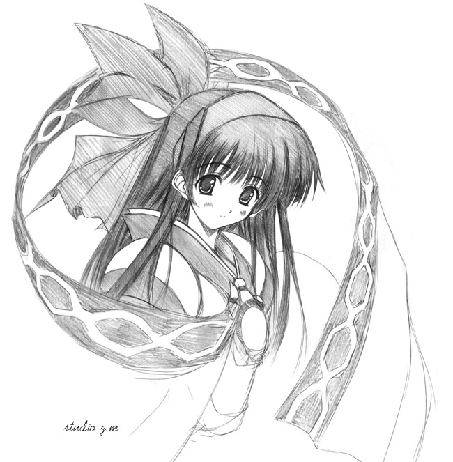 nakoruru, samurai spirits, graphite (medium), traditional media, 1girl, black hair, blush, bow, female focus, greyscale, hair bow, hairband, long hair, long sleeves, looking at viewer, monochrome, robe, sidelocks, simple background, solo, upper body, watermark, white background