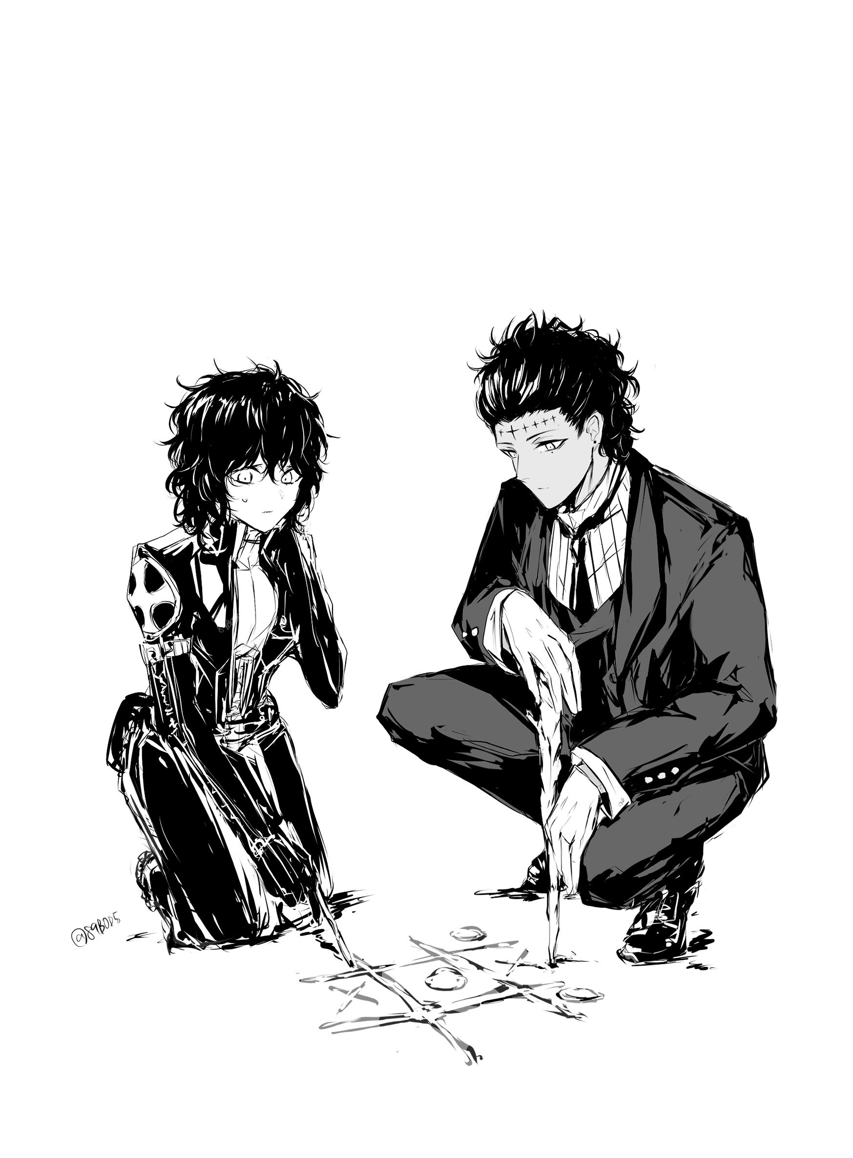 sodamachi, miranda lotto, tyki mikk, d.gray-man, highres, 1boy, 1girl, armlet, belt, black gloves, black hair, black jacket, black order uniform, black pants, black shoes, collared jacket, cross, dark-skinned male, dark skin, earrings, facial mark, forehead mark, formal clothes, gloves, greyscale, hair between eyes, hair slicked back, hand on own chin, holding, holding stick, jacket, jewelry, long sleeves, looking down, mature female, mature male, messy hair, mole, mole under eye, monochrome, necktie, noah (d.gray-man), oxfords, pants, seiza, shirt, shoes, short hair, simple background, sitting, stick, striped clothes, striped jacket, striped shirt, stud earrings, suit, sweat, sweatdrop, tic-tac-toe, tiptoes, vertical-striped clothes, vertical-striped jacket, vertical-striped shirt, vest, white background, white gloves, white shirt