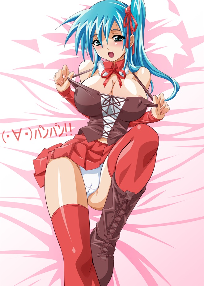 kureha misaki, divergence eve, artist request, 00s, 1girl, blue hair, blush, boots, breasts, female focus, huge breasts, lying, panties, pantyshot, skirt, solo, thighhighs, underwear, upskirt