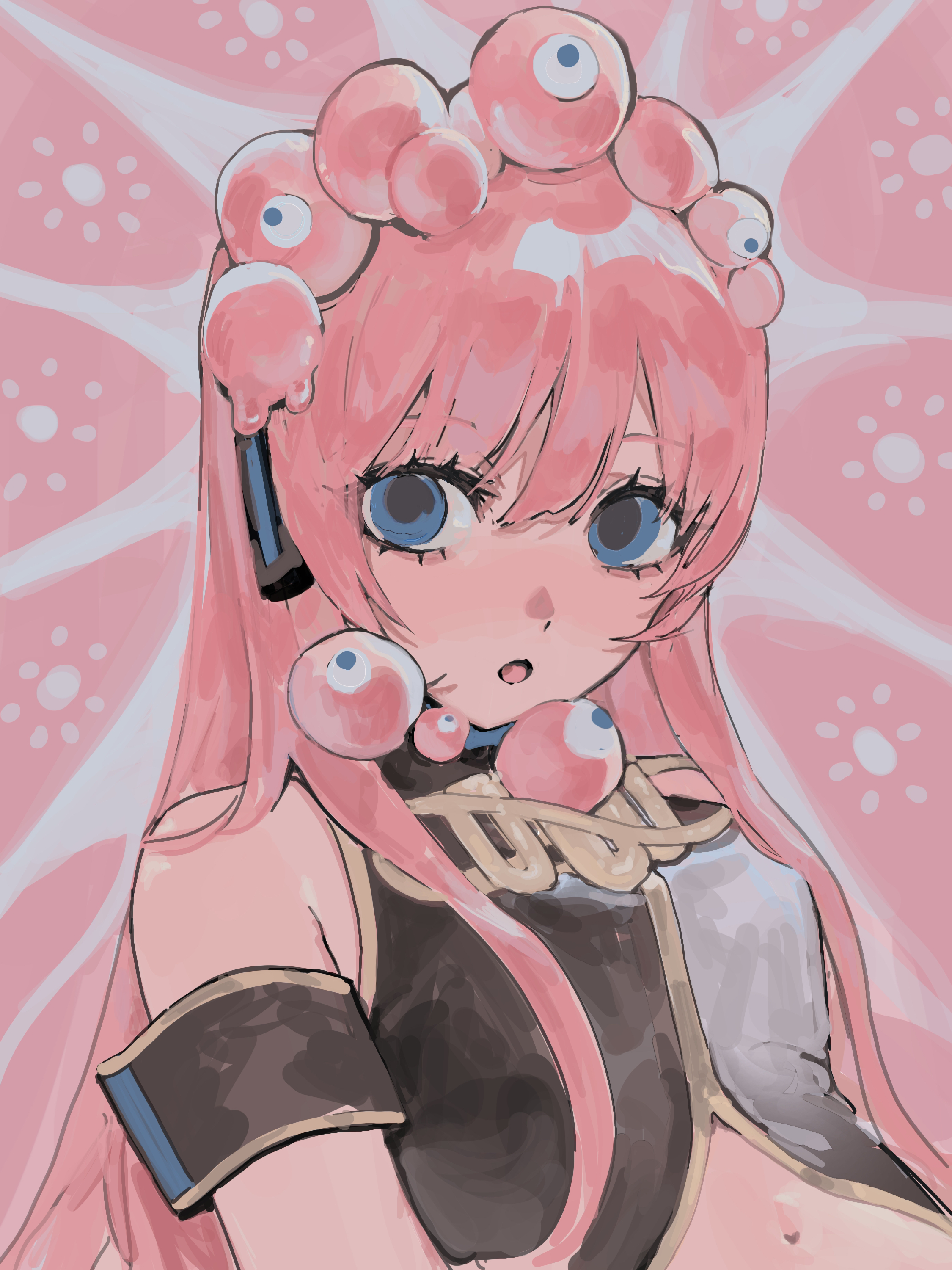 kani samurai, megurine luka, vocaloid, absurdres, commentary request, highres, 1girl, :o, aegyo sal, armband, bare shoulders, black armband, black shirt, blue eyes, eyeball, gold trim, grey background, hair between eyes, long hair, looking at viewer, navel, open mouth, pink background, shirt, sidelocks, simple background, sleeveless, sleeveless shirt, sleeveless turtleneck, slouching, solo, straight hair, swept bangs, turtleneck, turtleneck shirt, two-tone background, upper body