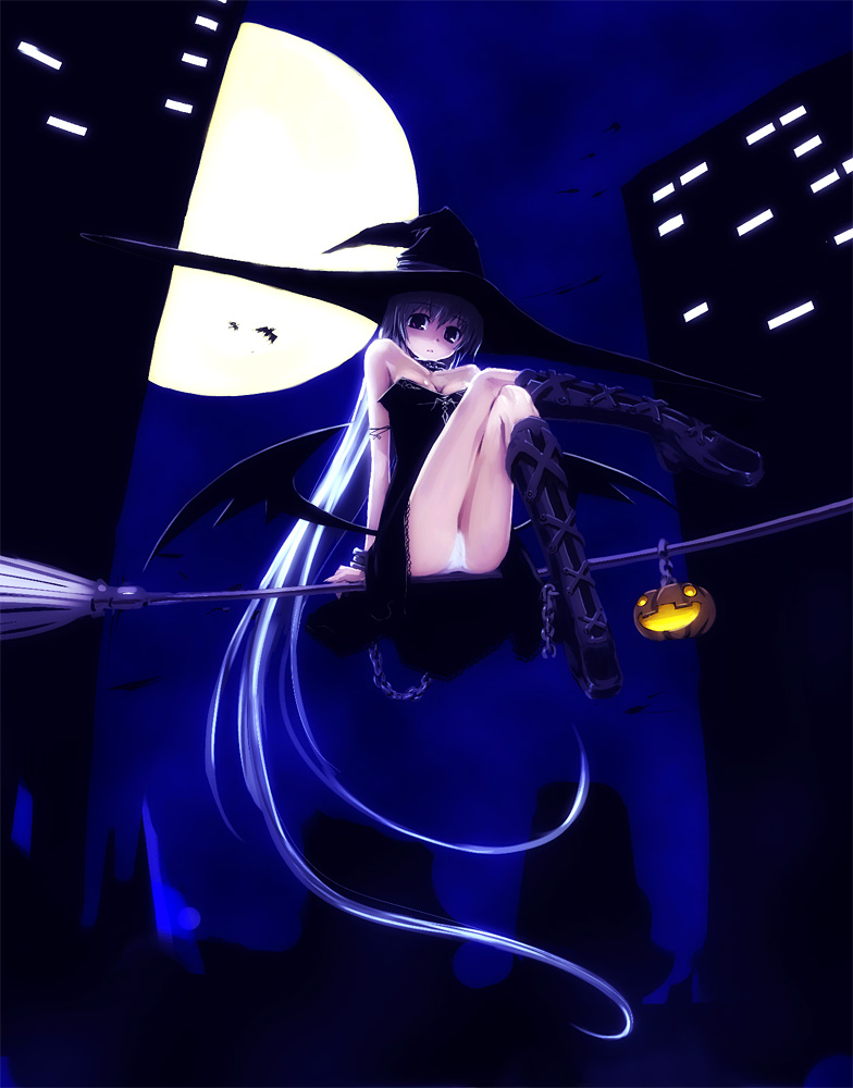 refeia, rumblefish, 1girl, bare shoulders, bat (animal), broom, broom riding, building, chain, crossed legs, demon wings, female focus, full moon, glowing, hat, long hair, looking at viewer, moon, night, panties, pantyshot, pumpkin, sidesaddle, sitting, sky, solo, underwear, upskirt, very long hair, wings, witch, witch hat