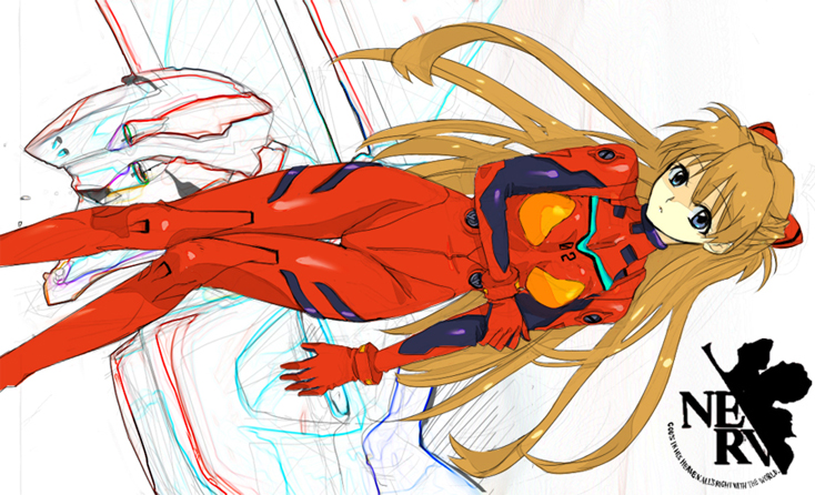 01 0219, eva 02, souryuu asuka langley, neon genesis evangelion, 1girl, blue eyes, bodysuit, bracer, breasts, brown hair, english text, facing viewer, female focus, from side, full body, gloves, hair between eyes, headgear, hip focus, holding own arm, legs together, logo, long hair, looking at viewer, mecha, mecha pilot suit, nerv, parted lips, partially colored, plugsuit (evangelion), robot, sideways, simple background, sketch, skinny, small breasts, solo, thigh gap, turtleneck, upper body, very long hair, white background