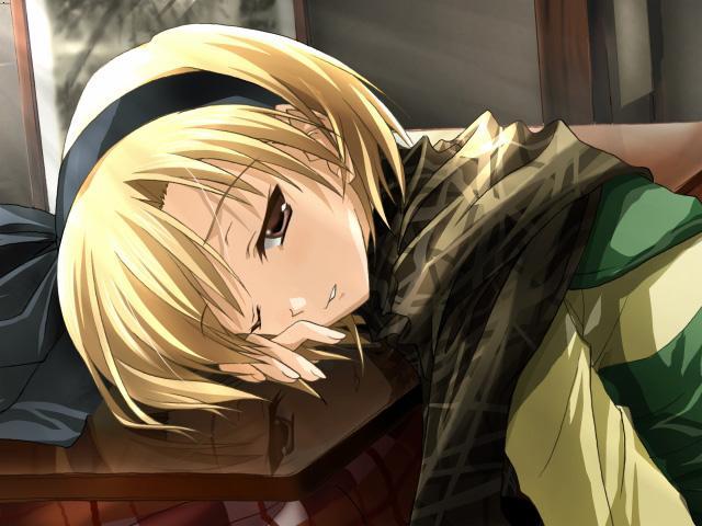 asuka pyon, tachibana meiko, snow (game), game cg, 1girl, blonde hair, brown eyes, female focus, hairband, one eye closed, short hair, smile, solo, wink