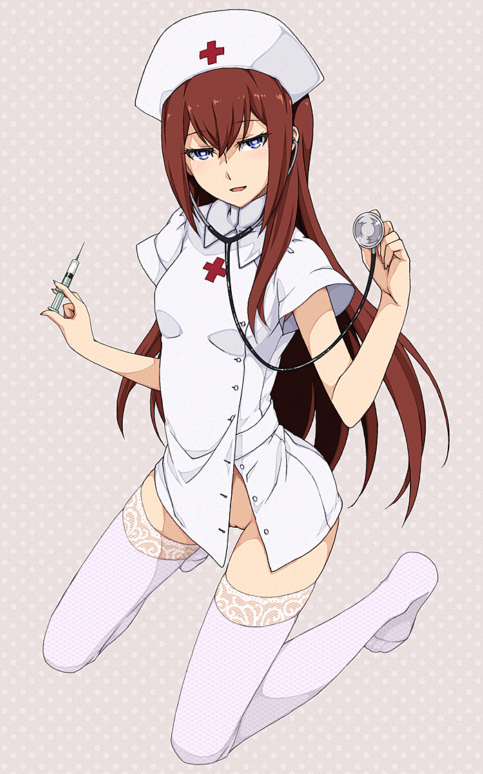 saipaco, makise kurisu, science adventure, steins;gate, 1girl, blue eyes, bottomless, brown hair, cleft of venus, full body, grey background, hat, kneeling, lingerie, long hair, naughty face, no panties, nurse, nurse cap, open mouth, polka dot, polka dot background, pussy, simple background, solo, stethoscope, syringe, thighhighs, underwear, very long hair, white thighhighs