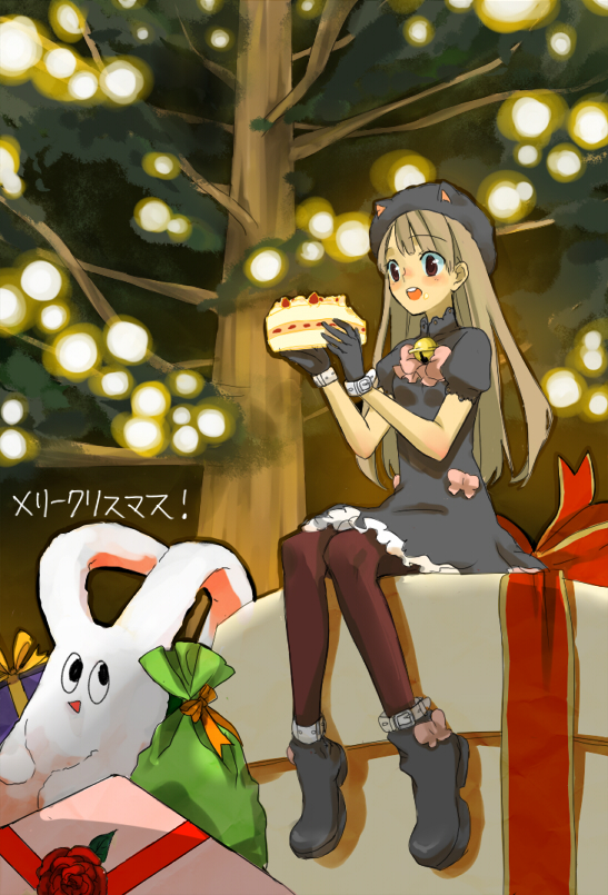 01 0219, original, bad id, bad pixiv id, 1girl, animal ears, bell, brown pantyhose, cake, cat ears, christmas, christmas tree, female focus, food, gift, holding, holding gift, pantyhose, pastry, solo