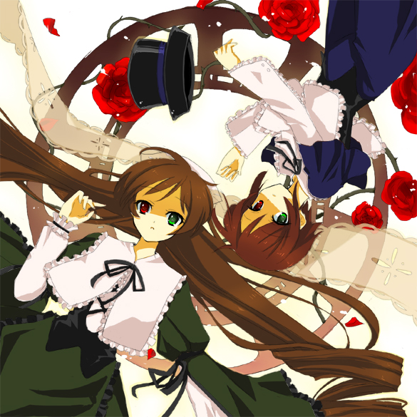 01 0219, souseiseki, suiseiseki, rozen maiden, 00s, 2girls, black ribbon, blue dress, collar, dress, expressionless, green dress, green eyes, hat, heterochromia, long hair, long sleeves, looking at viewer, looking up, multiple girls, red eyes, ribbon, shaded face, siblings, sisters, symmetry, top hat, twins, very long hair