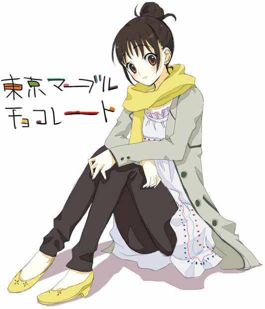 01 0219, tokyo marble chocolate, bad id, bad pixiv id, 00s, 1girl, blush, brown eyes, brown hair, coat, copyright name, dress, fashion, female focus, flats, full body, hair bun, high heels, leggings, looking at viewer, scarf, shoes, simple background, single hair bun, sitting, solo, white background, yellow scarf, yellow shoes