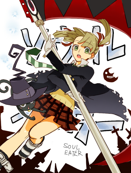 01 0219, blair (cat) (soul eater), blair (soul eater), maka albarn, soul evans, soul eater, bad id, bad pixiv id, 00s, 1girl, black cat, blonde hair, blush stickers, cat, coat, english text, female focus, gloves, green eyes, green necktie, hat, japanese text, miniskirt, necktie, plaid clothes, plaid skirt, school uniform, scythe, serafuku, shoes, skirt, solo, striped necktie, text background, twintails, white gloves, witch hat