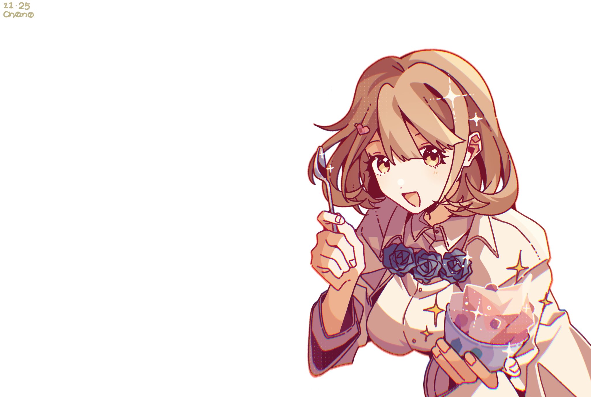 narusawa ryouka, occultic;nine, science adventure, highres, 1girl, blue flower, breasts, brown eyes, brown hair, buttons, coat, collared shirt, dress shirt, enomotochano, flower, food, hair ornament, hairclip, happy, heart, heart button, heart hair ornament, high-waist skirt, holding, holding food, holding spoon, large breasts, light blush, long sleeves, looking at viewer, miniskirt, offering food, open mouth, pink skirt, shirt, short hair, skirt, smile, solo, spoon, tongue, upper body, white coat, white shirt