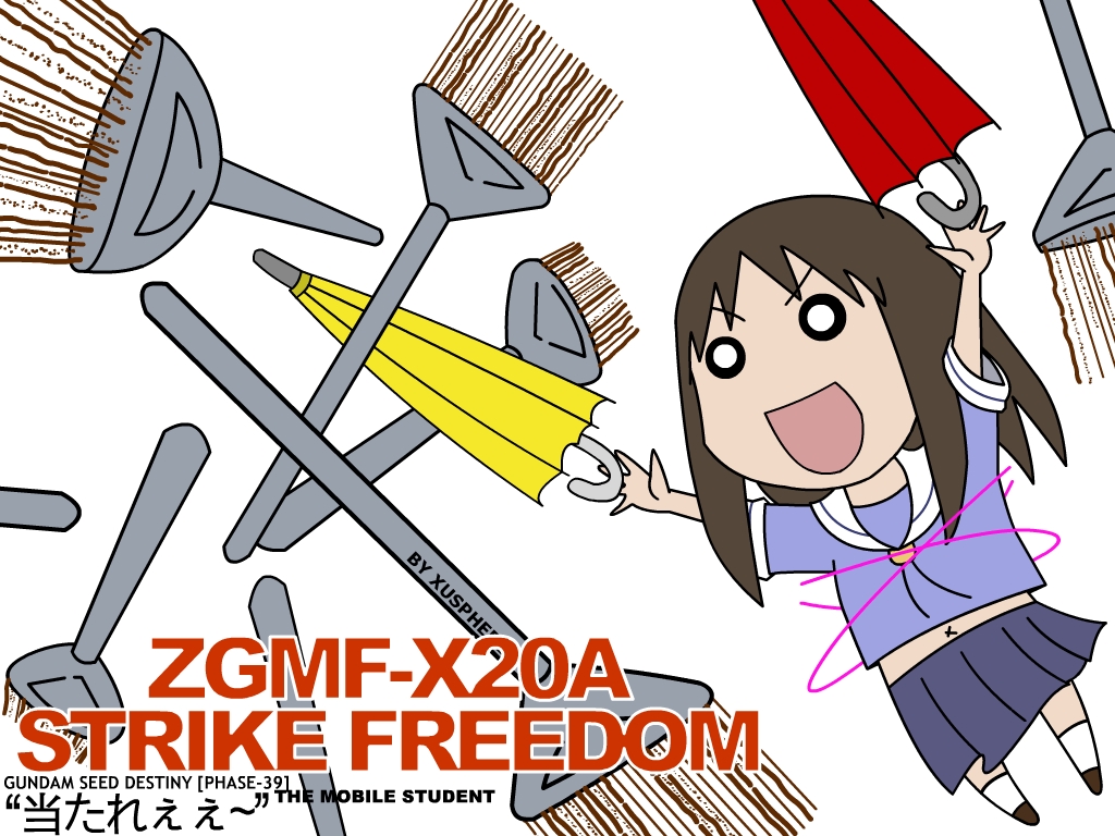 xusphere, kasuga ayumu, strike freedom gundam, azumanga daiou, gundam, gundam seed, gundam seed destiny, broom, navel, o o, parody, school uniform, serafuku, skirt, solo, strike freedom gundam full burst, umbrella, white background