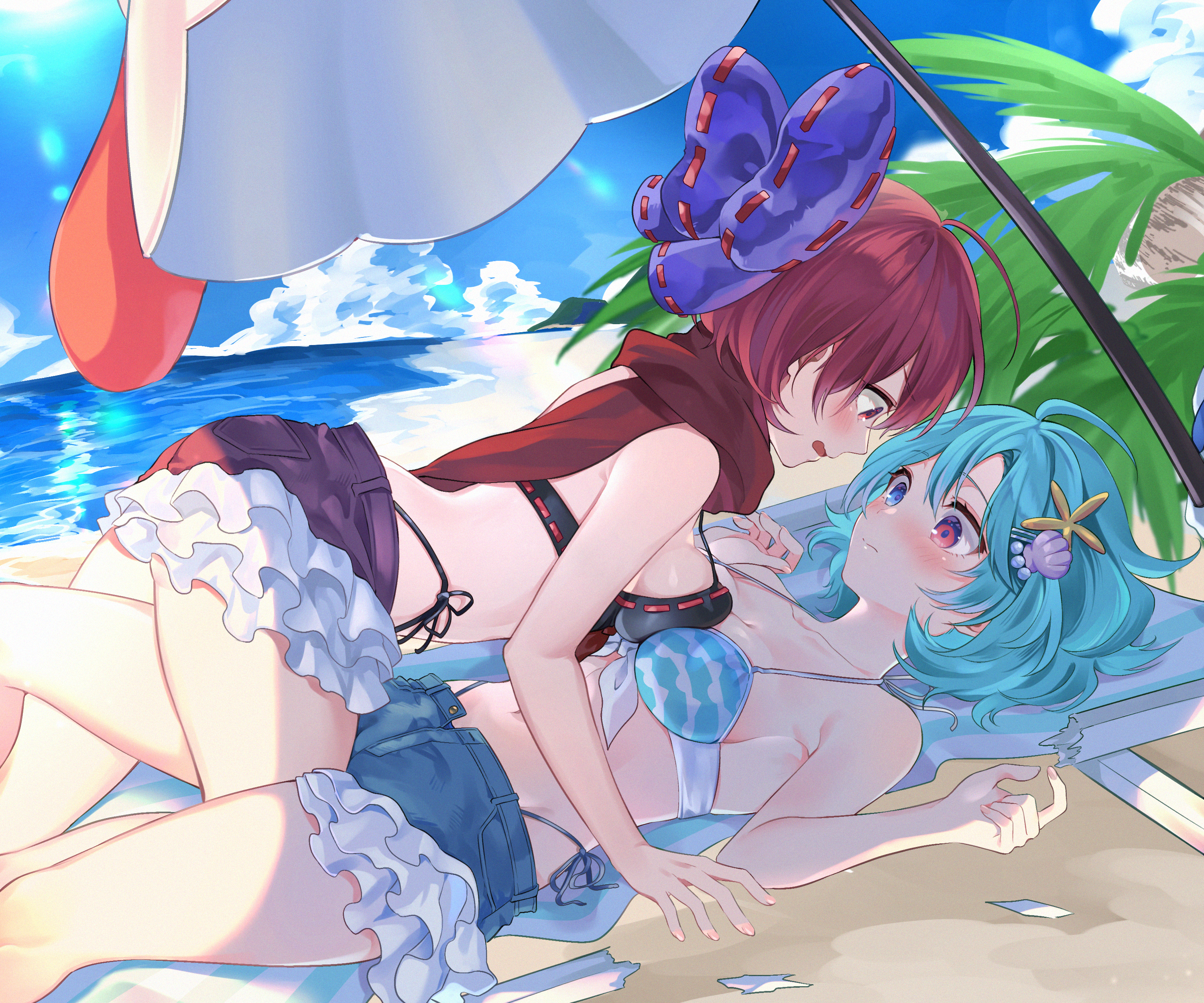 torimarururu, sekibanki, tatara kogasa, tatara kogasa (umbrella), touhou, touhou lostword, absurdres, commission, highres, pixiv commission, 2girls, beach, bikini, bikini under shorts, black bikini, blue bikini, blue bow, blue eyes, blue hair, blush, bow, breast press, breasts, chair, clam shell ornament, eye contact, fallen down, hair ornament, hairclip, looking at another, lounge chair, lying, lying on person, multiple girls, on back, outdoors, red eyes, red hair, sekibanki (dullahan on the beach), short hair, shorts, side-tie bikini bottom, starfish hair ornament, swimsuit, symmetrical docking, umbrella, water, yuri