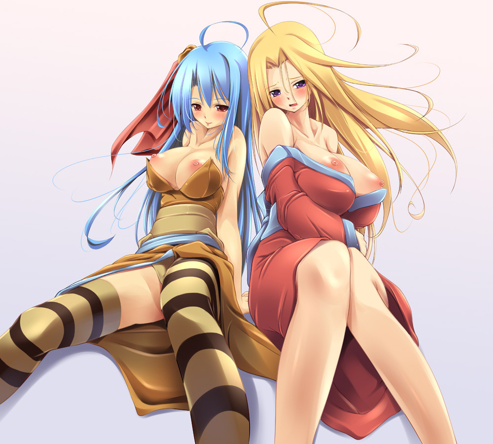 fct, sara da pranzo, sdp, byunei, rocbouquet, rocbouquet (saga), romancing saga, romancing saga 2, romancing saga 3, saga, striped legwear, 2girls, blonde hair, blue hair, blush, breasts, huge breasts, japanese clothes, kimono, large breasts, long hair, multiple girls, nipples, no bra, purple eyes, red eyes, striped clothes, striped thighhighs, thighhighs