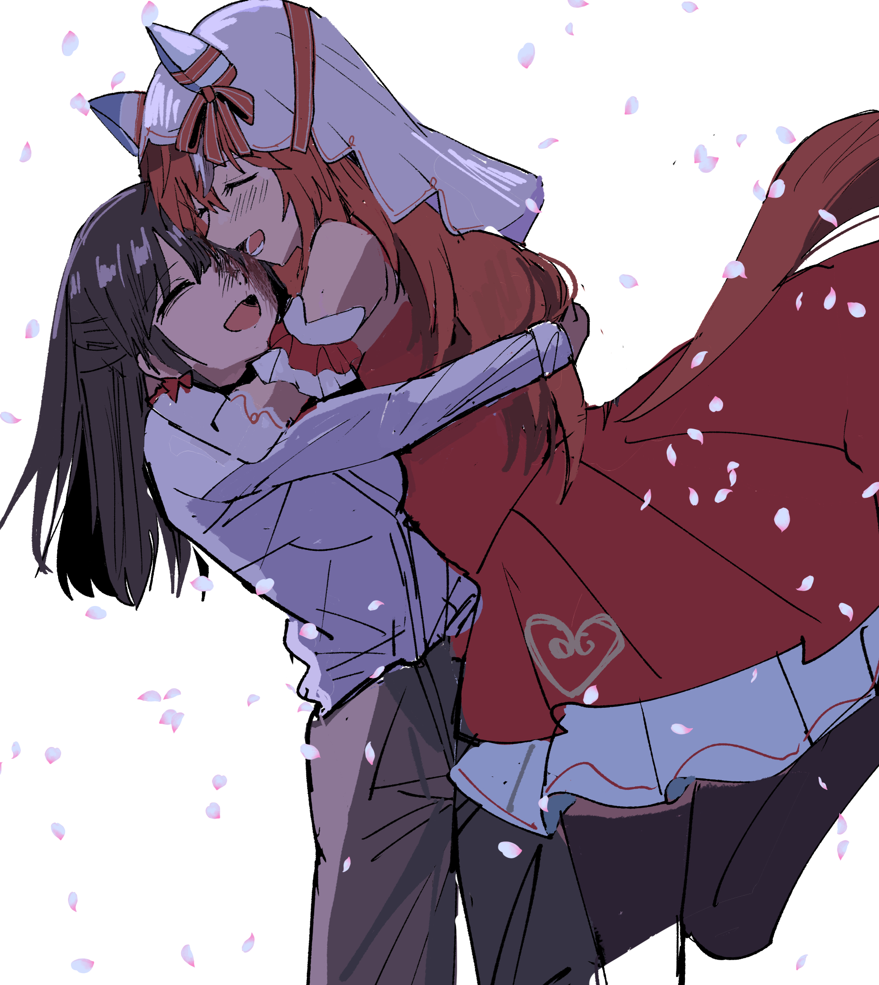 female trainer (umamusume), still in love (umamusume), trainer (umamusume), umamusume, highres, 2girls, animal ears, arms around neck, black hair, black thighhighs, blush, brown hair, closed eyes, detached sleeves, dress, ear covers, falling petals, gloves, hair ornament, happy, horse ears, horse girl, horse tail, hug, long hair, long sleeves, multiple girls, open mouth, pants, petals, red dress, red ribbon, ribbon, shaded face, shirt, smile, tail, thighhighs, veil, white background, white gloves, white shirt, white veil, yuri, zennnennrei