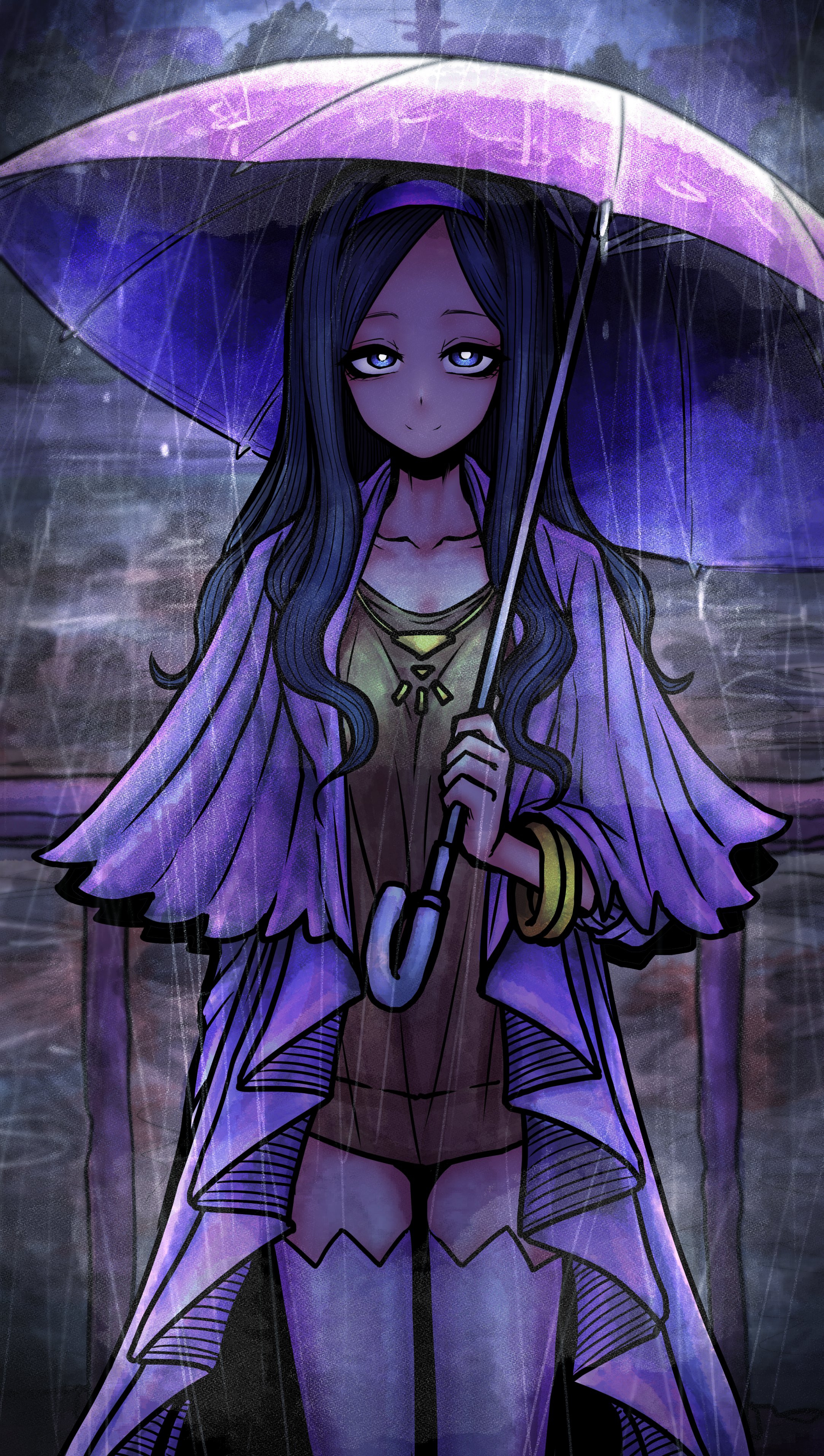 nazo no diaboro, nishizono ririka, occultic;nine, science adventure, absurdres, highres, 1girl, black eyes, black hair, blue hair, breasts, brown shirt, cape, capelet, closed mouth, collarbone, dress, eye of providence, gold necklace, headband, holding, holding umbrella, jewelry, long hair, looking at viewer, medium breasts, necklace, purple cape, purple capelet, purple eyes, purple headband, purple sweater, rain, shirt, smile, solo, sweater, sweater dress, thighhighs, thighs, umbrella, white thighhighs