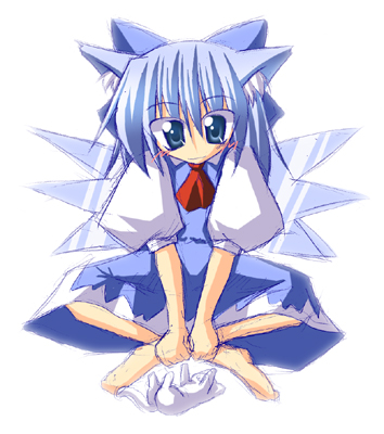 ichidai taisa, cirno, touhou, lowres, 1girl, animal ears, barefoot, bow, cat, cat ears, female focus, indian style, sitting, solo