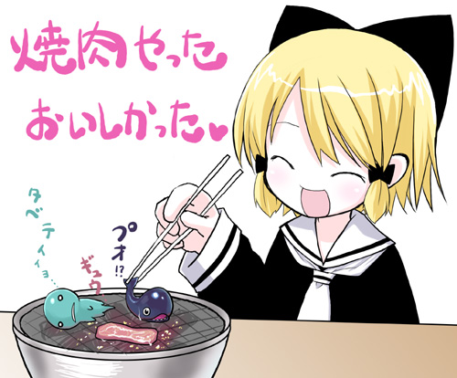 kiira, original, lowres, blonde hair, chopsticks, food, meat, rhyme, solo