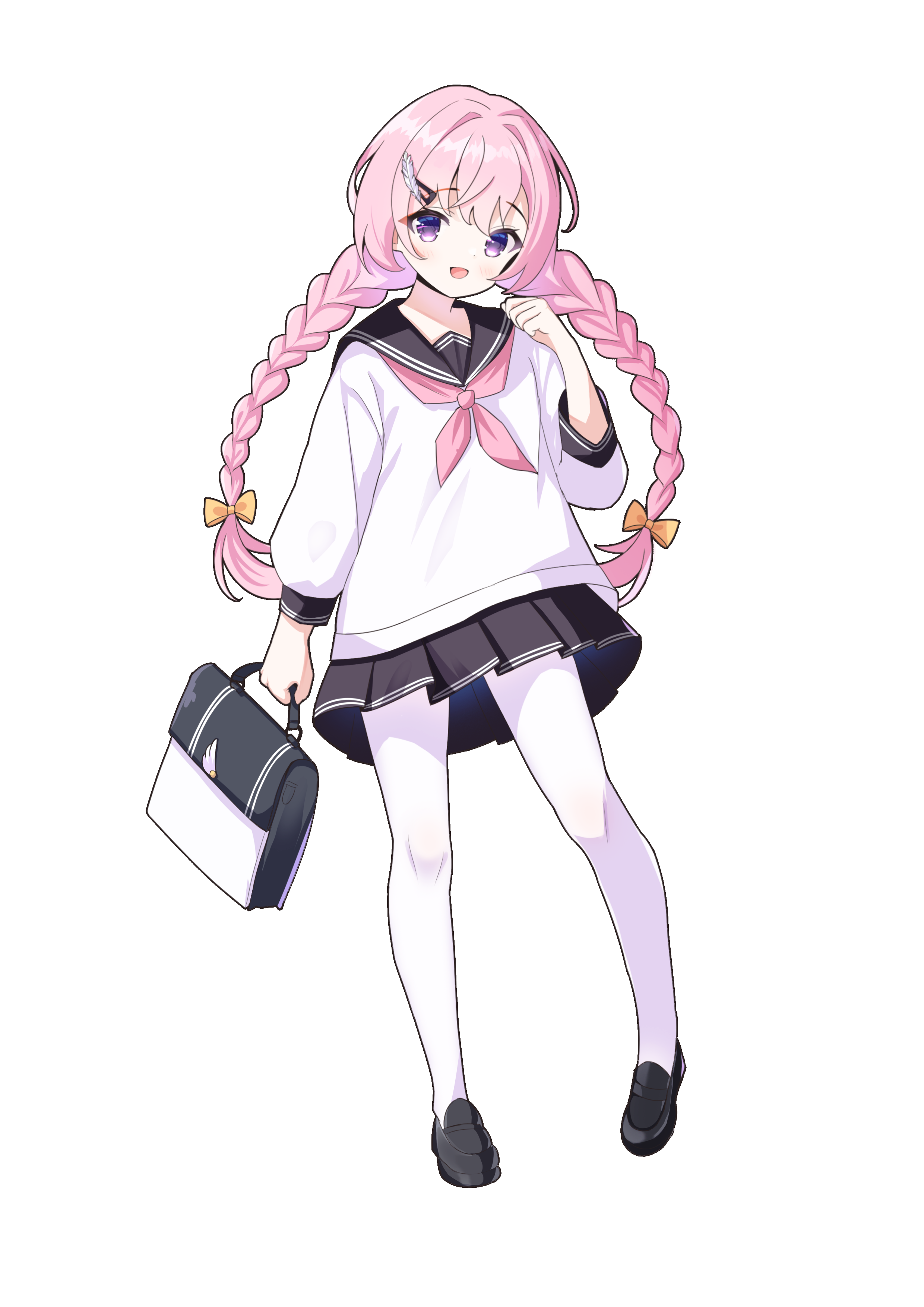 original, braided twintails, absurdres, artist request, commentary request, commission, highres, second-party source, 1girl, arm at side, bag, black sailor collar, black shoes, black skirt, bow, braid, choppy bangs, full body, grey eyes, hair bow, hand up, holding, holding bag, loafers, long hair, long sleeves, looking at viewer, miniskirt, neckerchief, open mouth, pantyhose, pink hair, pink neckerchief, pleated skirt, sailor collar, school bag, school uniform, serafuku, shoes, skirt, smile, solo, standing, transparent background, twintails, white pantyhose, yellow bow