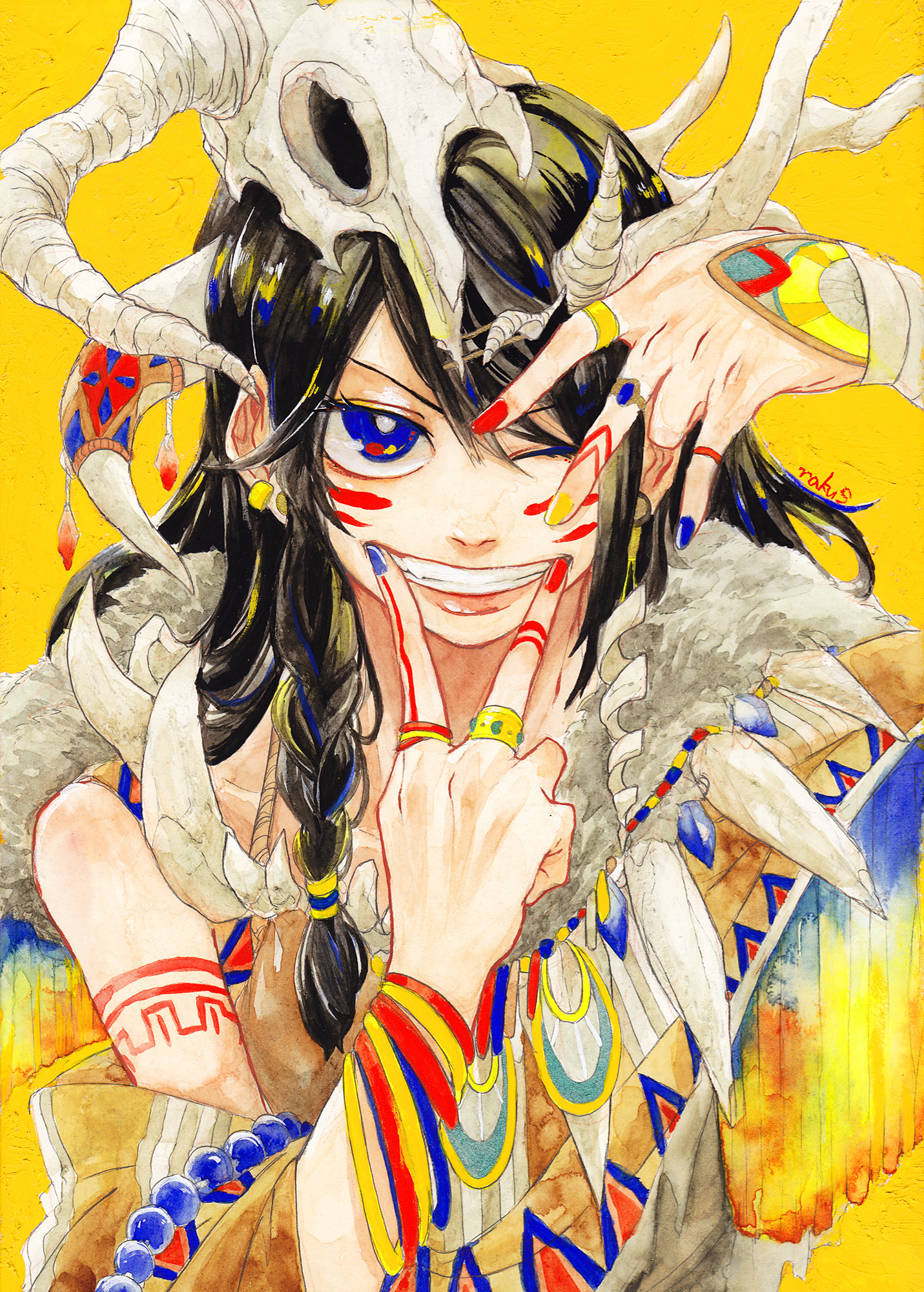 original, highres, painting (medium), traditional media, watercolor (medium), 1girl, ;d, animal skull, arm tattoo, beads, black hair, blue eyes, bracelet, braided sidelock, bright pupils, brown capelet, capelet, cheek tattoo, finger tattoo, grin, hand up, happy, horns, inward v, jewelry, lipgloss, long hair, marking on cheek, multiple bracelets, necklace, one eye closed, open mouth, ring, sakai raku, simple background, single bare shoulder, single horn, skull on head, smile, solo, straight-on, tattoo, tooth necklace, upper body, v, v over mouth, white horns, white pupils, yellow background