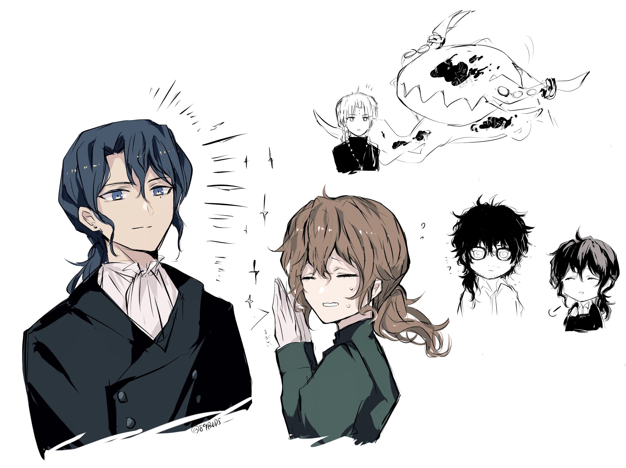 sodamachi, howard link, miranda lotto, tyki mikk, d.gray-man, highres, 2girls, 3boys, atuuda, black coat, black hair, black shirt, blue eyes, brown hair, closed eyes, coat, creature, dress, dual persona, earrings, facing viewer, glasses, gloves, golem (d.gray-man), green dress, hair between eyes, hair over shoulder, hand up, jewelry, long hair, long sleeves, looking at another, looking at viewer, low ponytail, mature female, mature male, messy hair, mole, mole under eye, multiple boys, multiple girls, necklace, parted lips, ponytail, puffy sleeves, shirt, sidelocks, simple background, stud earrings, sweat, sweatdrop, tail, turtleneck, turtleneck shirt, wavy hair, white background, white gloves, white shirt, wings