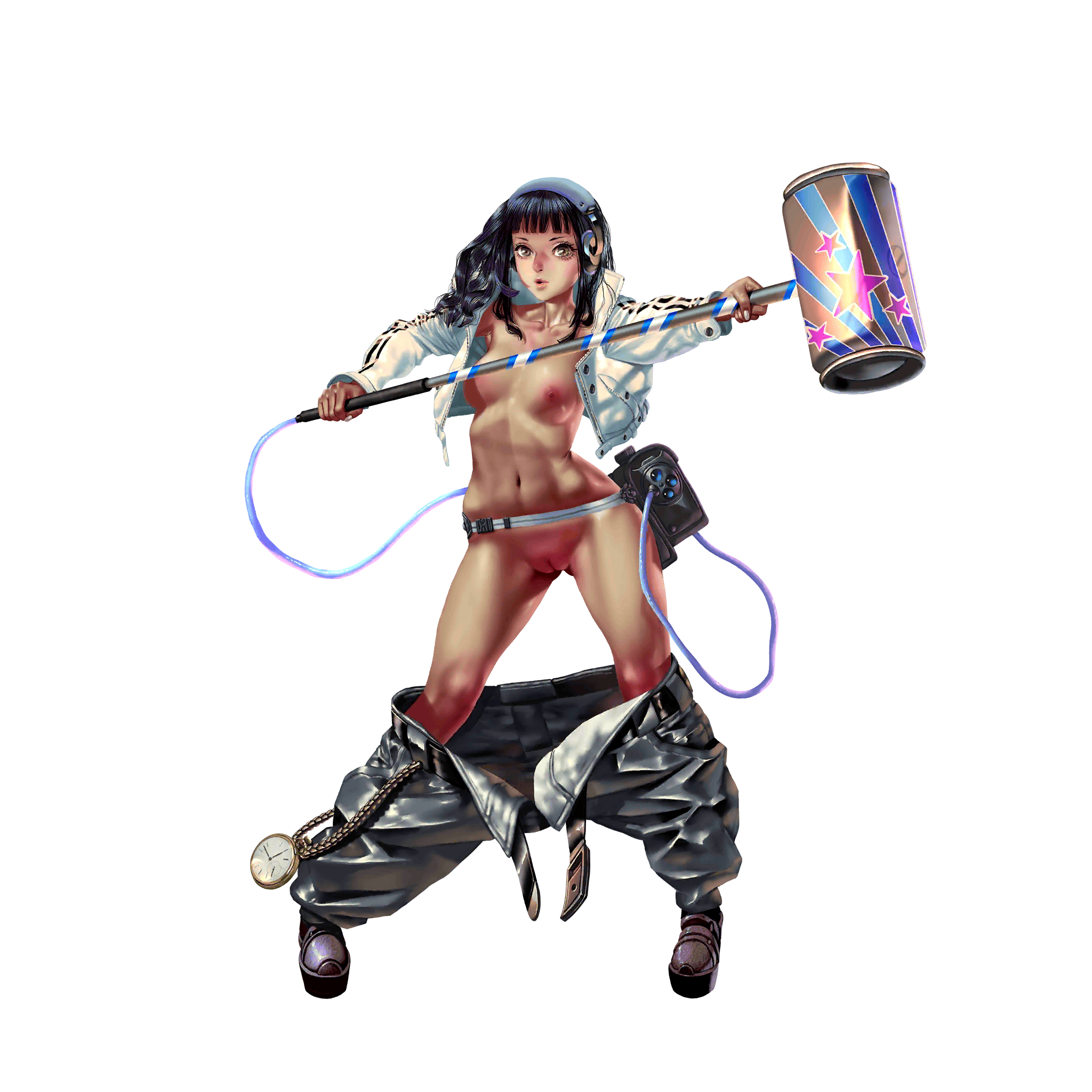 crystal maiden (series), artist request, game cg, highres, official art, variant set, 1girl, abs, armpits, baggy pants, belt, black hair, boots, breasts, brown eyes, chain, clothes pull, full body, holding, holding weapon, jacket, long sleeves, navel, nipples, nude, ocean (crystal maidens), open clothes, open jacket, open mouth, pants, pants pull, pocket watch, pussy, solo, star (symbol), transparent background, watch, weapon