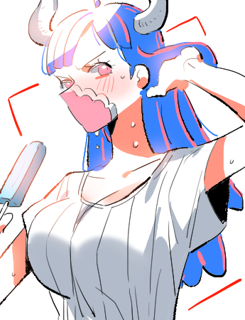 raine (acke2445), ulti (one piece), one piece, commentary, lowres, symbol-only commentary, 1girl, blue hair, blush, breasts, collarbone, food, holding, holding food, holding popsicle, horns, large breasts, long hair, looking at viewer, mask, mouth mask, pink eyes, popsicle, shirt, short sleeves, simple background, solo, sweat, upper body, white background, white shirt