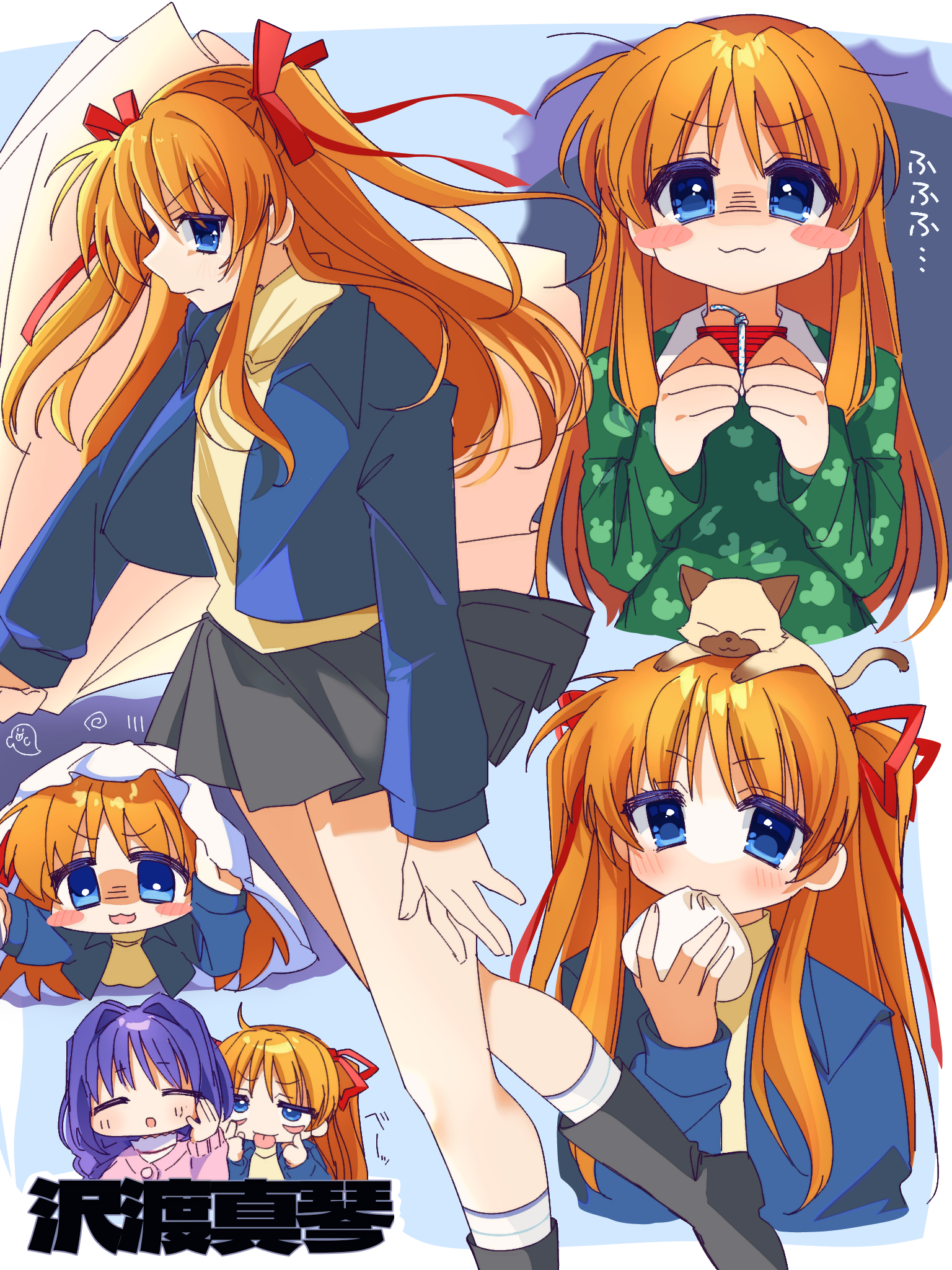 yasonomugi, minase akiko, piro, sawatari makoto, kanon, commentary request, highres, ibispaint (medium), translation request, 2girls, :3, :p, akanbe, animal, animal on head, animal print, bear print, black boots, black skirt, blue eyes, blue hair, blue jacket, blush, blush stickers, boots, braid, braided ponytail, cat, cat on head, chibi, chibi inset, closed eyes, closed mouth, collared shirt, eating, eyelid pull, eyes visible through hair, firecrackers, floating hair, food, foot out of frame, frown, ghost costume, green pajamas, grey shirt, hair between eyes, hair down, hair intakes, hair ribbon, hand on own cheek, hand on own face, holding, holding cloth, holding food, jacket, long hair, long sleeves, looking at viewer, miniskirt, multiple girls, multiple views, on head, open clothes, open jacket, orange hair, pajamas, pleated skirt, print pajamas, purple hair, red ribbon, ribbon, shaded face, shirt, sidelocks, skirt, smile, smug, socks, sound effects, standing, steamed bun, straight hair, sweater, tongue, tongue out, turtleneck, turtleneck sweater, twintails, upper body, v-shaped eyebrows, yellow sweater