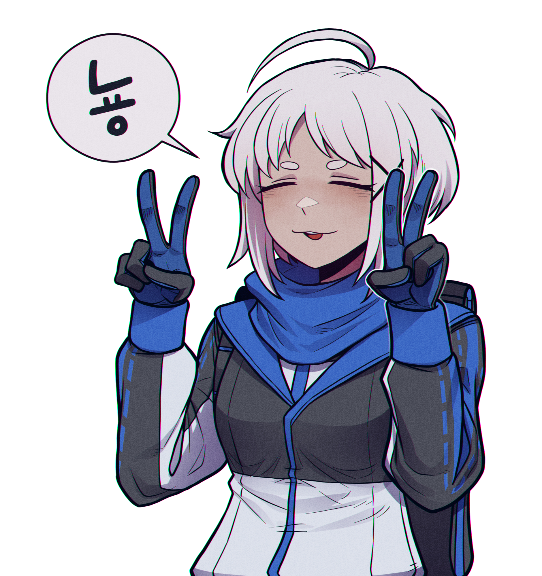 misg1111, aya (project moon), limbus company, project moon, highres, :3, ahoge, black jacket, blue gloves, blue scarf, closed eyes, dark-skinned female, dark skin, gloves, hair ornament, hairclip, jacket, long sleeves, looking at viewer, open mouth, scarf, short hair, simple background, solo, speech bubble, upper body, v, white background, white hair