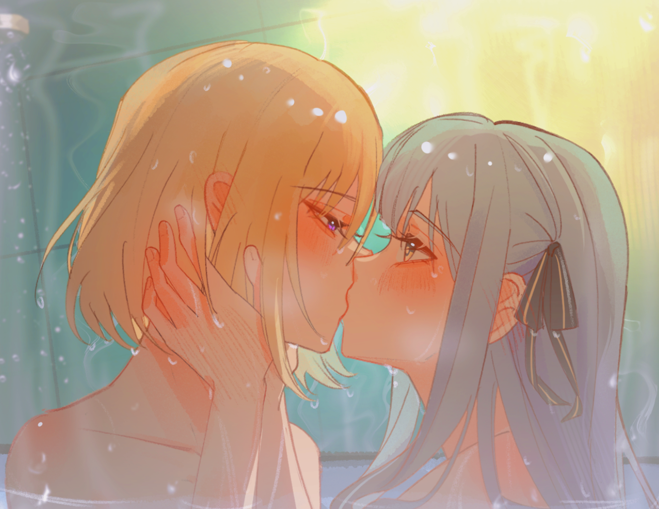 misumi uika, togawa sakiko, bang dream!, bang dream! it's mygo!!!!!, artist request, chinese commentary, commentary request, commission, second-party source, 2girls, blonde hair, blue hair, blush, ear blush, eye contact, from side, hair ribbon, hand on another's face, kiss, long hair, looking at another, medium hair, multiple girls, nude, profile, purple eyes, ribbon, two side up, wet, yellow eyes, yuri