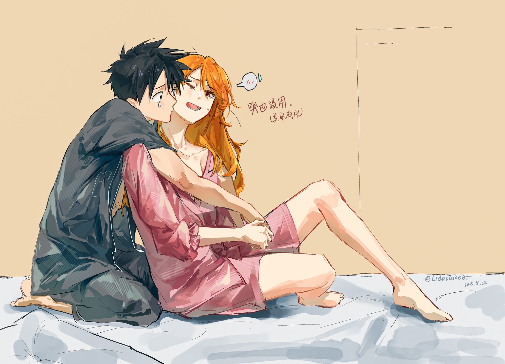 lidocaine0, monkey d. luffy, nami (one piece), one piece, commentary request, highres, 1boy, 1girl, bare legs, barefoot, bed sheet, black hair, black pants, black shirt, dated, frilled sleeves, frills, full body, heads together, holding hands, indoors, knee up, leaning on person, long hair, looking at another, one eye closed, open clothes, open mouth, open shirt, orange hair, pajamas, pants, pink shirt, seiza, shirt, short hair, single tear, sitting, spoken blush, sweatdrop, twitter username, wavy hair