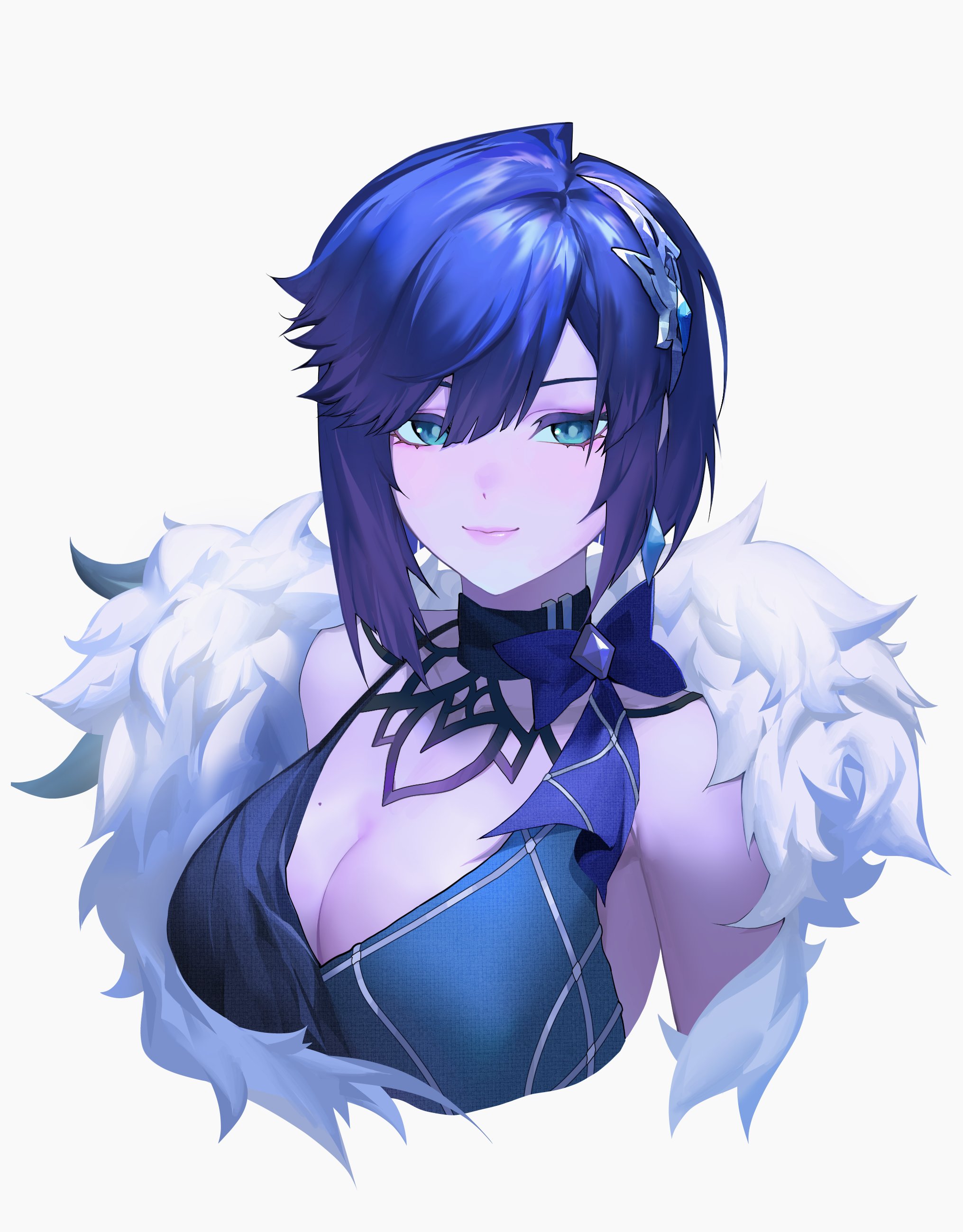 nery (nerypaint), yelan (genshin impact), yelan (tranquil banquet) (genshin impact), genshin impact, absurdres, commentary request, highres, 1girl, aqua eyes, bare shoulders, blue dress, blue hair, breasts, cleavage, dress, feather boa, grey background, looking at viewer, official alternate costume, short hair, simple background, sleeveless, sleeveless dress, smile, solo, upper body