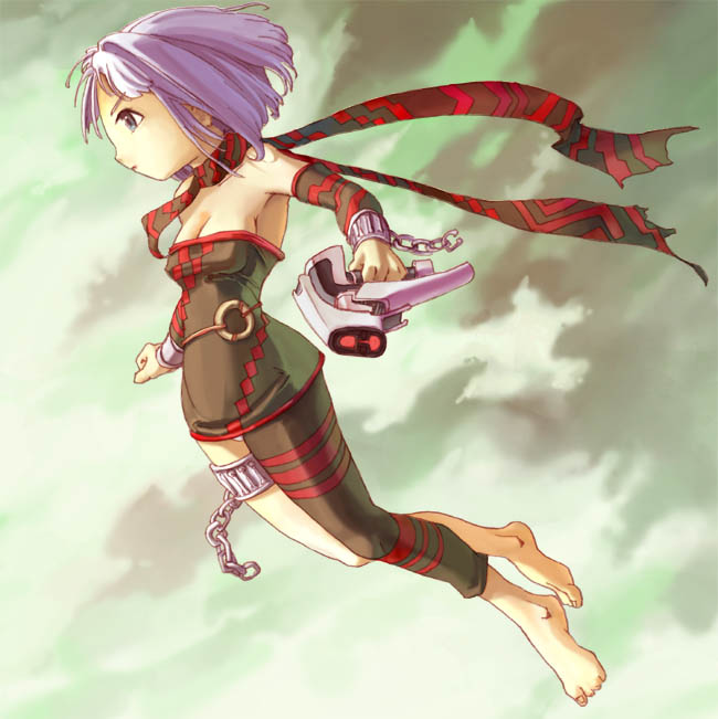 orta, panzer dragoon, panzer dragoon orta, light purple hair, 1girl, asymmetrical clothes, barefoot, breasts, chain, cleavage, detached sleeves, dress, female focus, gun, scarf, sky, solo, strapless, strapless dress, tube dress, weapon