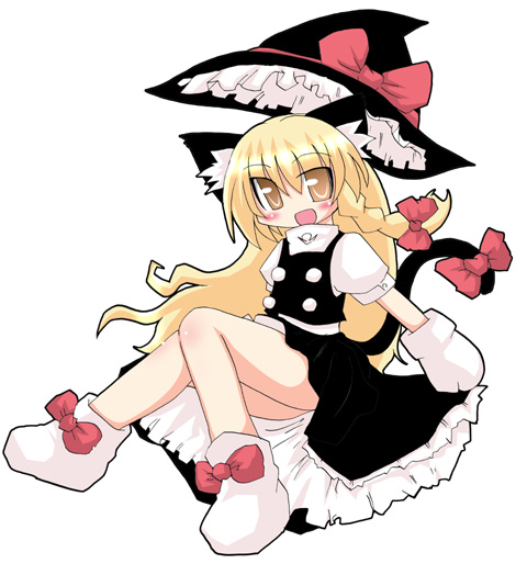 muuba, kirisame marisa, touhou, 1girl, animal ears, blonde hair, cat ears, cat girl, cat tail, female focus, full body, hat, simple background, skirt, solo, tail, white background, witch, witch hat