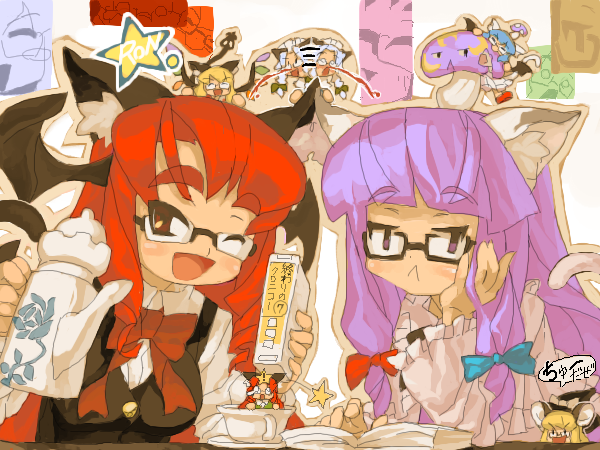 itsukia, flandre scarlet, hong meiling, izayoi sakuya, kirisame marisa, koakuma, patchouli knowledge, remilia scarlet, embodiment of scarlet devil, touhou, 6+girls, :<, animal ears, bat wings, bespectacled, brown eyes, cat ears, cat girl, cat tail, closed eyes, cup, female focus, glasses, head wings, in container, in cup, kemonomimi mode, mini person, minigirl, multiple girls, one eye closed, purple eyes, purple hair, red hair, tail, tea, wings, wink