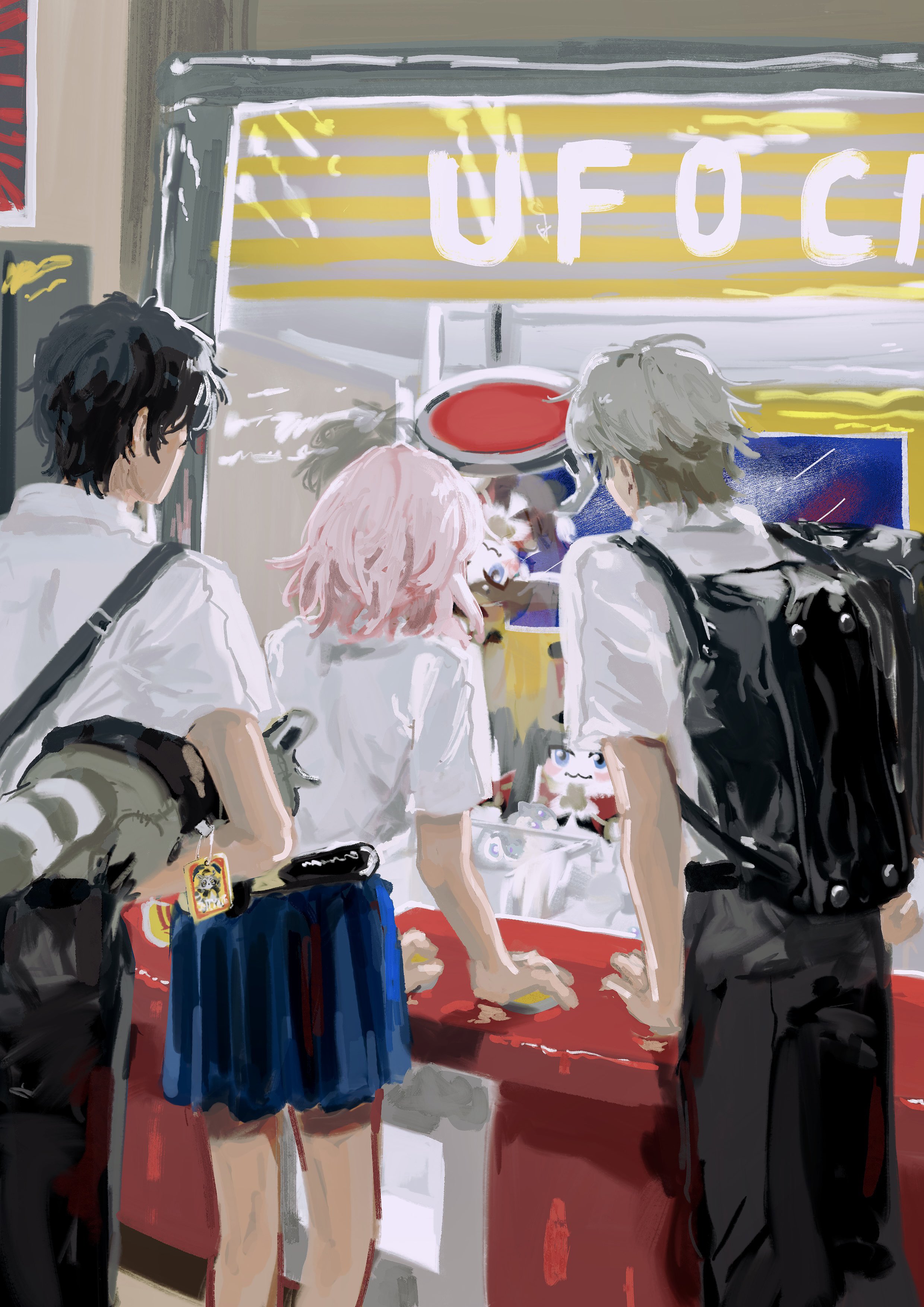 caelus (honkai: star rail), dan heng (honkai: star rail), march 7th (honkai: star rail), pom-pom (honkai: star rail), trailblazer (honkai: star rail), honkai: star rail, honkai (series), absurdres, commentary, highres, symbol-only commentary, 1girl, 2boys, alternate costume, back, backpack, bag, black bag, black hair, black pants, blue skirt, c62201p, character doll, cowboy shot, crane game, doll, grey hair, holding, holding stuffed toy, indoors, multiple boys, pants, pink hair, pleated skirt, shirt, short hair, short sleeves, skirt, standing, stuffed animal, stuffed raccoon, stuffed toy, white shirt